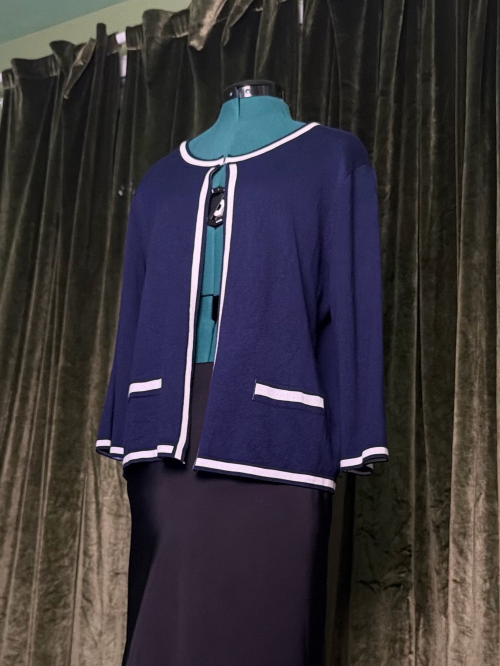 Navy Trim Open-Front Women's Cardigan Jacket Coco Chanel Style